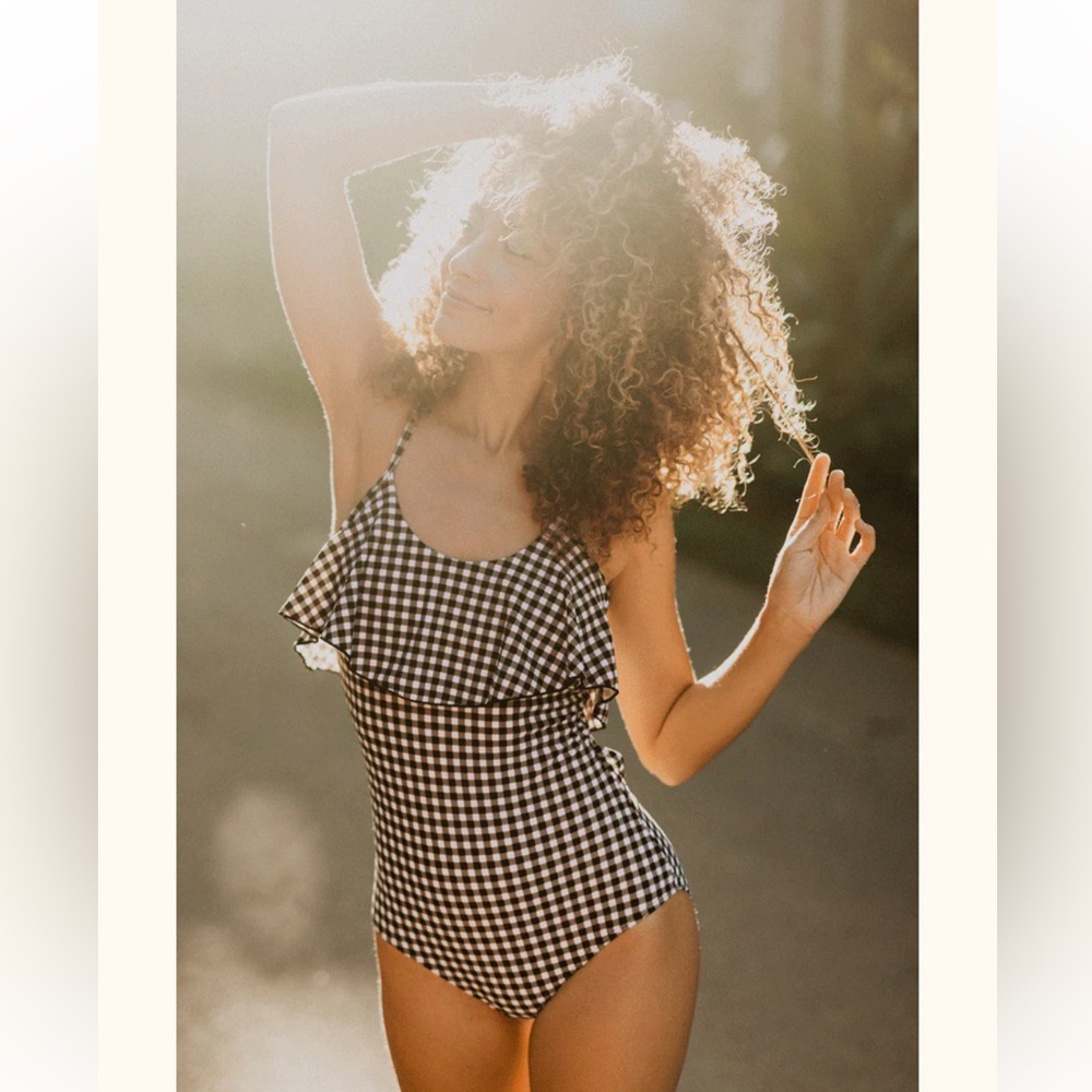 Janela Bay Brown and White Checkered One Piece with Ruffle-SZ XL